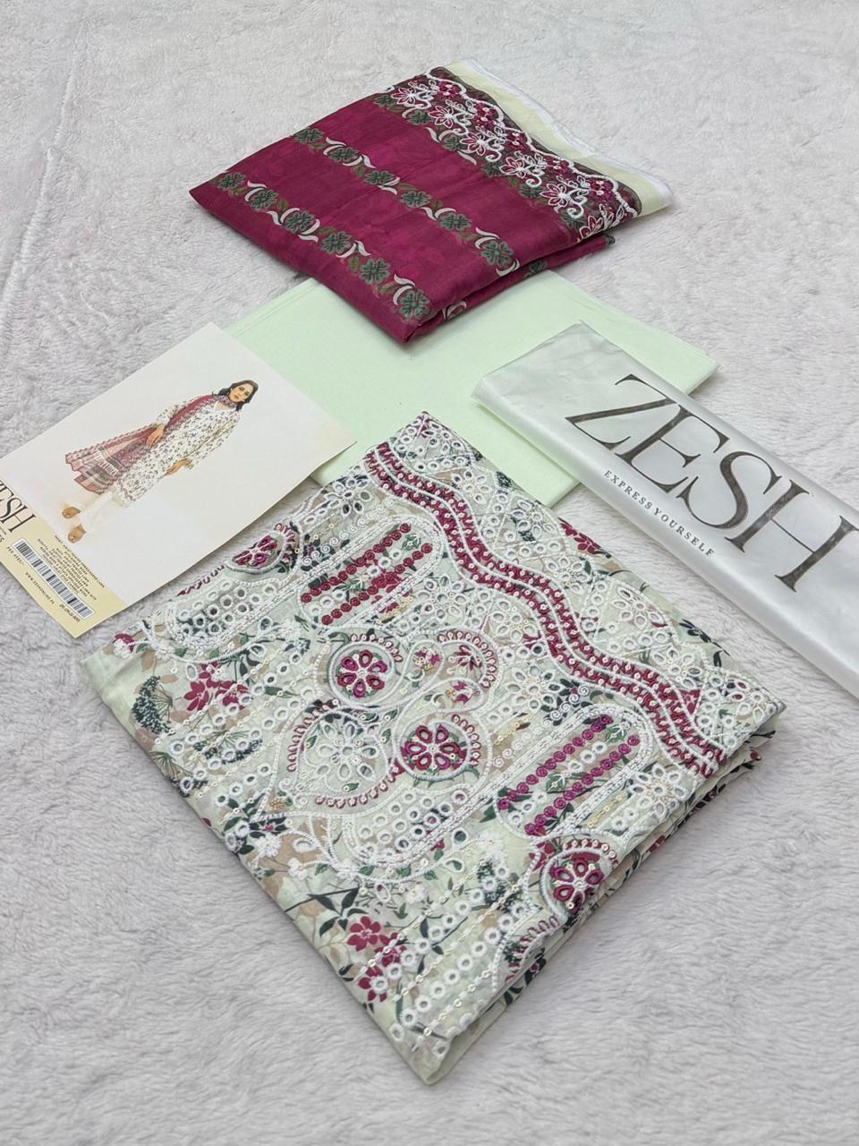 Zesh Embroidered Lawn 3 Piece Unstitched Suit – Elegant Lilac Floral Design for Women