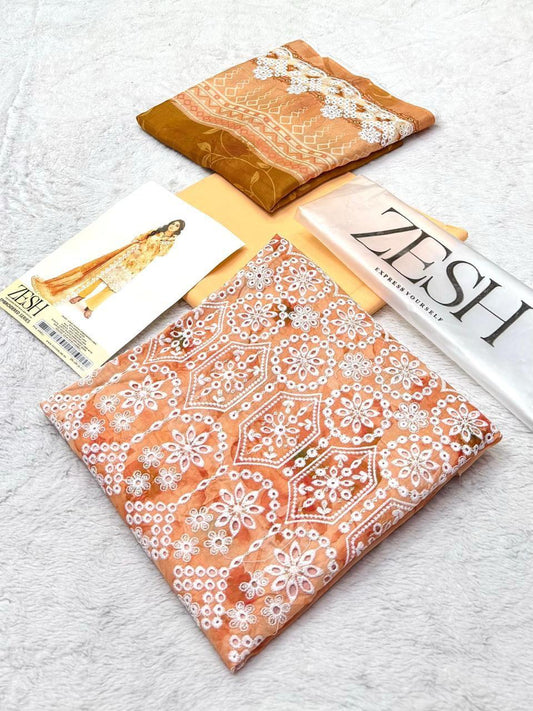 Zesh Embroidered Lawn 3 Piece Unstitched Suit – Elegant Lilac Floral Design for Women
