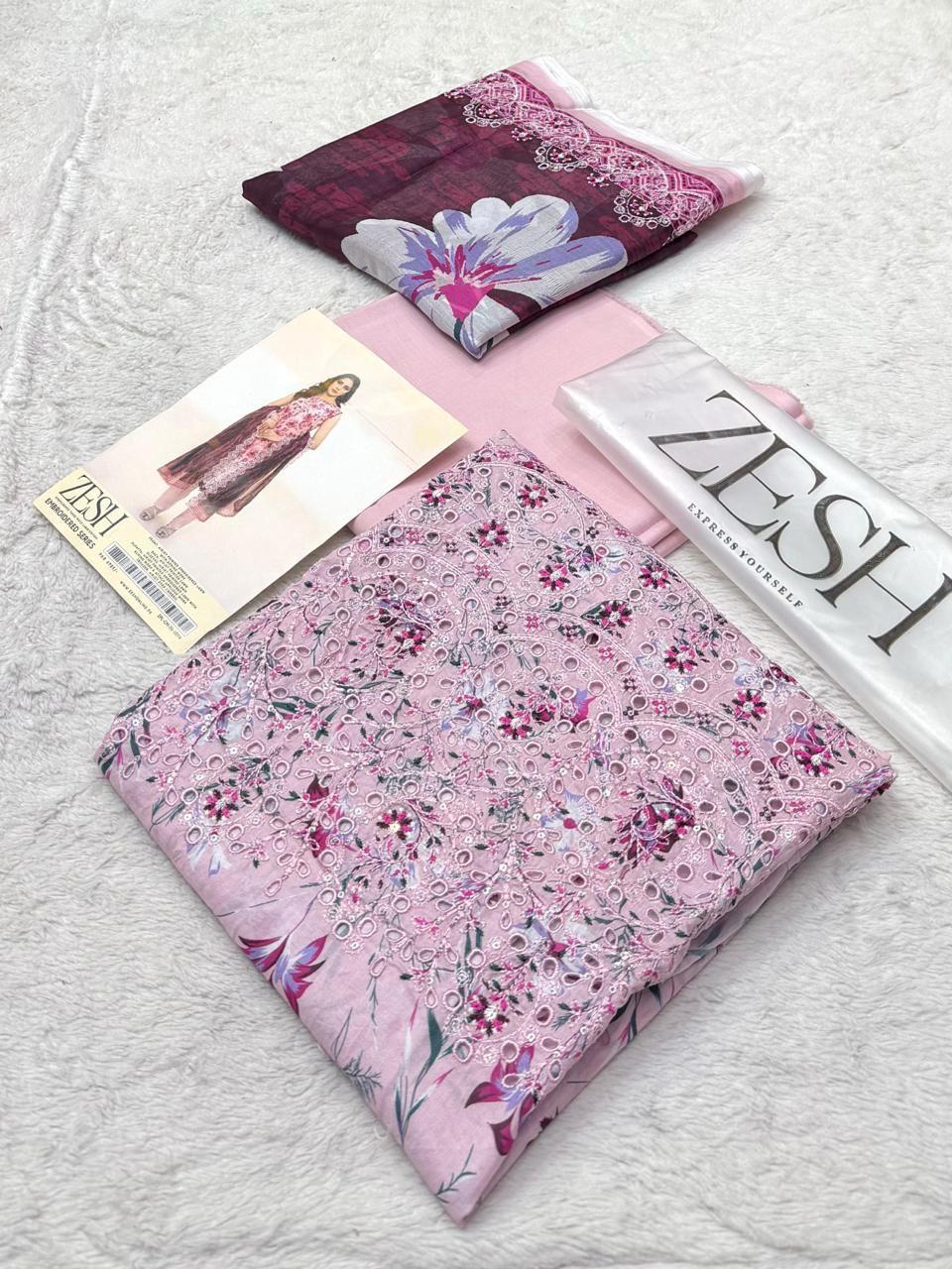 Zesh Embroidered Lawn 3 Piece Unstitched Suit – Elegant Lilac Floral Design for Women