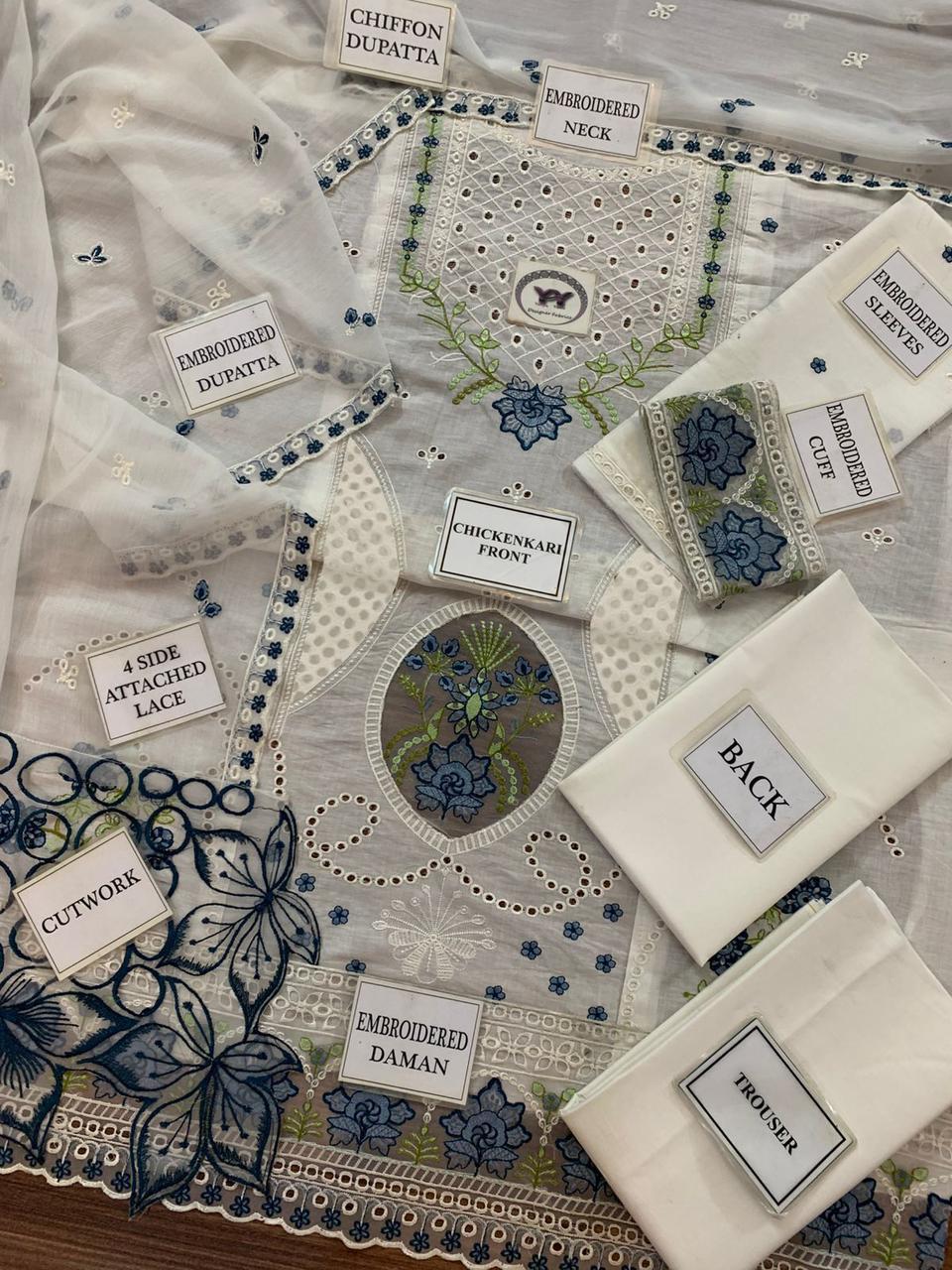 Mahnur Luxury Chikankari Cotton Lawn Suit | Embroidered Chiffon Dupatta Collection