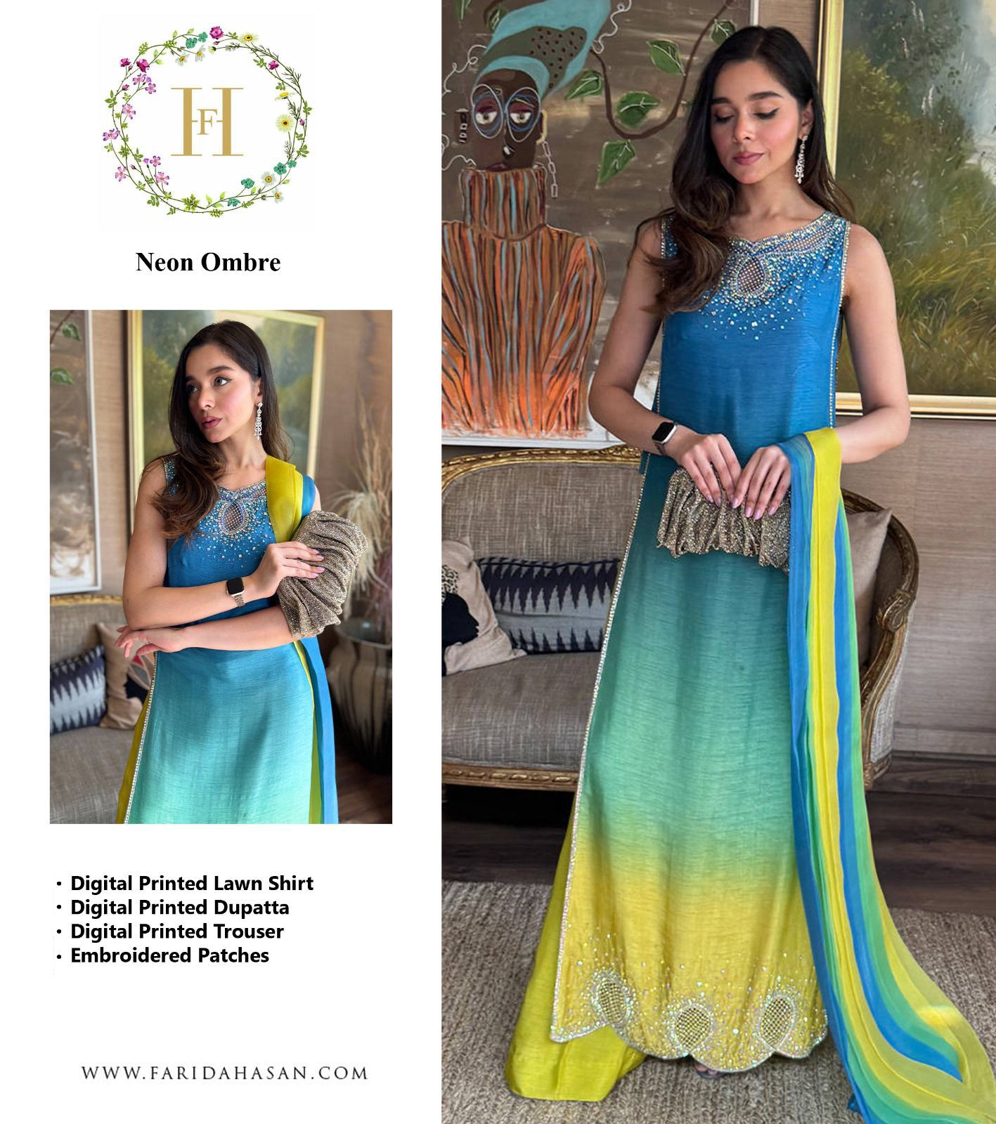 Farida Hassan Neon Ombre – Premium Digital Lawn 3 Piece Suit