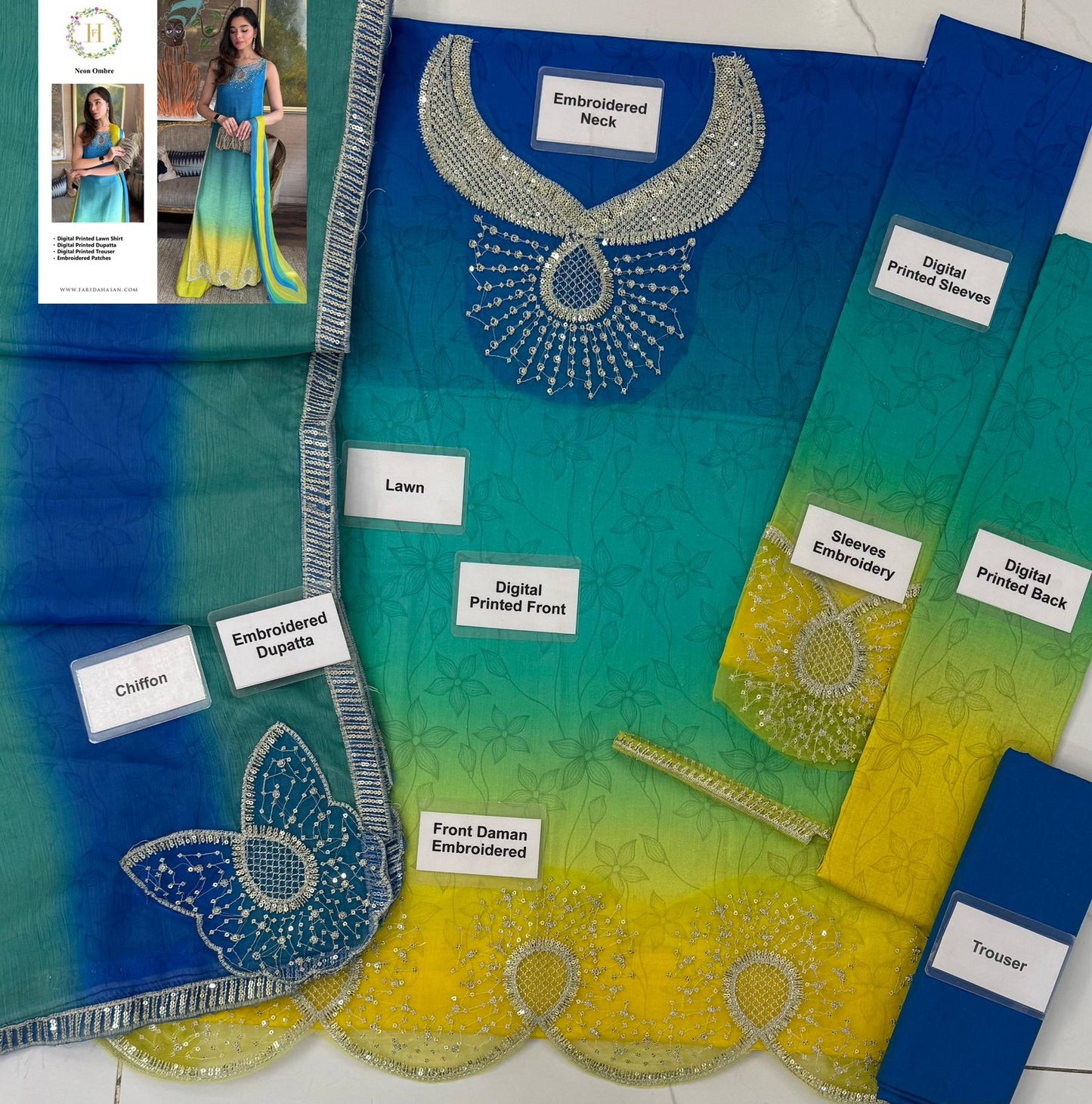 Farida Hassan Neon Ombre – Premium Digital Lawn 3 Piece Suit