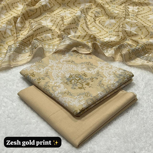 ZESH Gold Pasted Lawn 3 Piece Suit – Summer Collection 2026