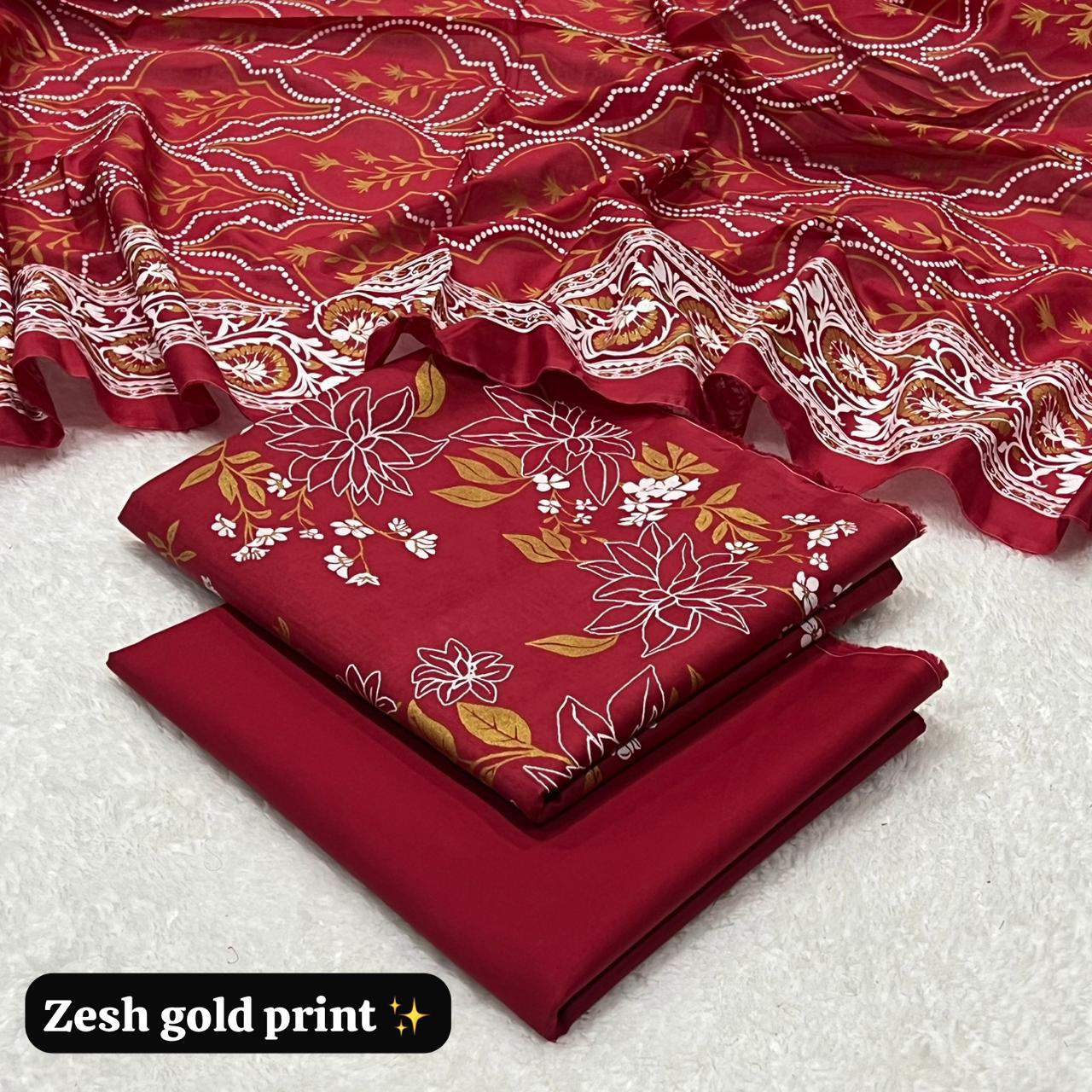 ZESH Gold Pasted Lawn 3 Piece Suit – Summer Collection 2026