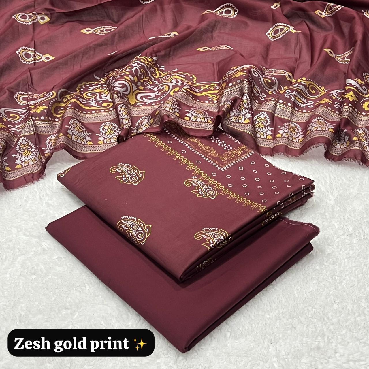 ZESH Gold Pasted Lawn 3 Piece Suit – Summer Collection 2026
