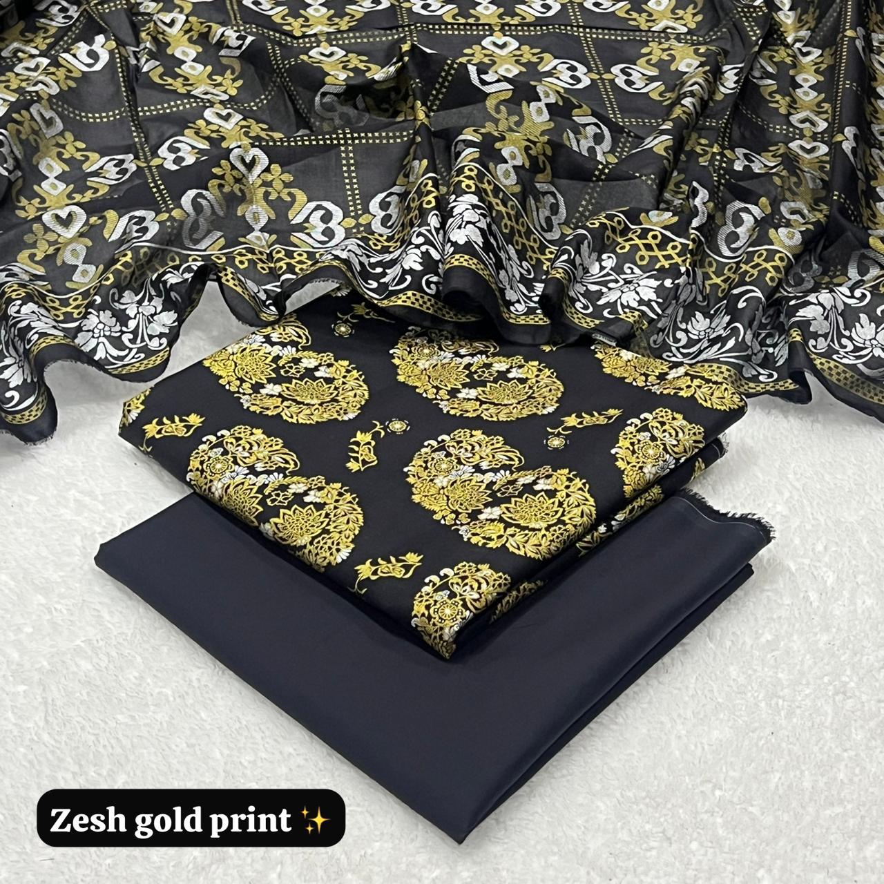 ZESH Gold Pasted Lawn 3 Piece Suit – Summer Collection 2026